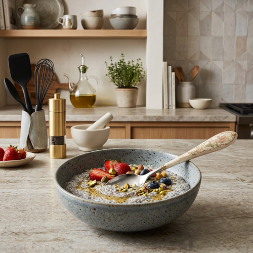 Floral Ceramic-Handle Stainless Steel Spoon – Vintage Botanical Design with Gold Scroll Accents