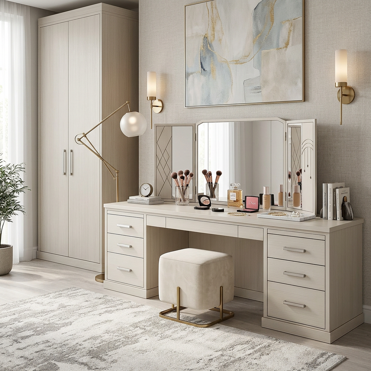 Modern Cream Vanity Desk with Tri-Fold Mirror – Multi-Drawer Dressing Table with Decorative Panel Accents