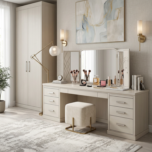 Modern Cream Vanity Desk with Tri-Fold Mirror – Multi-Drawer Dressing Table with Decorative Panel Accents