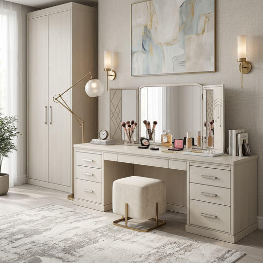 Modern Cream Vanity Desk with Tri-Fold Mirror – Multi-Drawer Dressing Table with Decorative Panel Accents