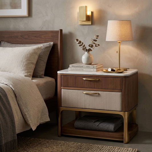Marble Top Walnut Nightstand – Fluted Wood &amp; Fabric Drawer Brass Frame Bedside Table