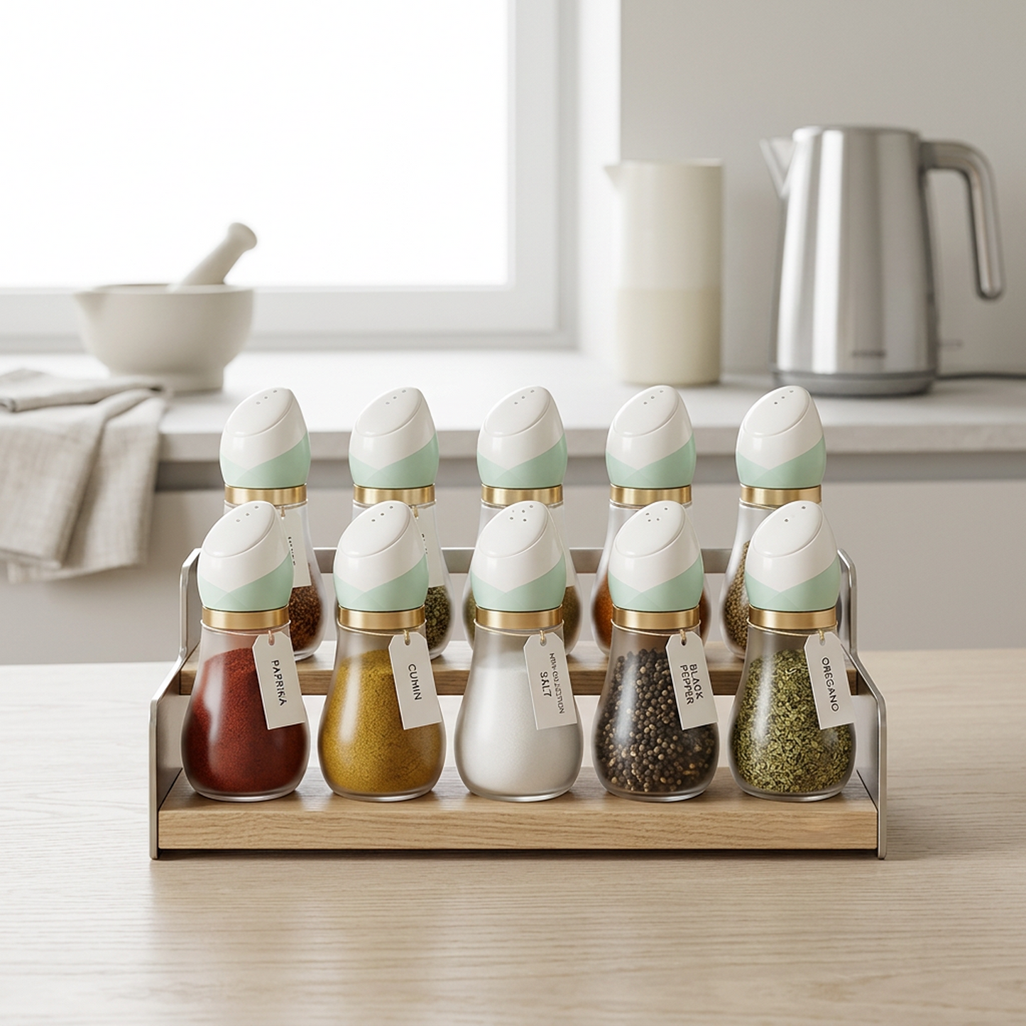 Elegant Frosted Glass Salt Shaker – Mint &amp; White Ceramic Cap with Brushed Gold Band
