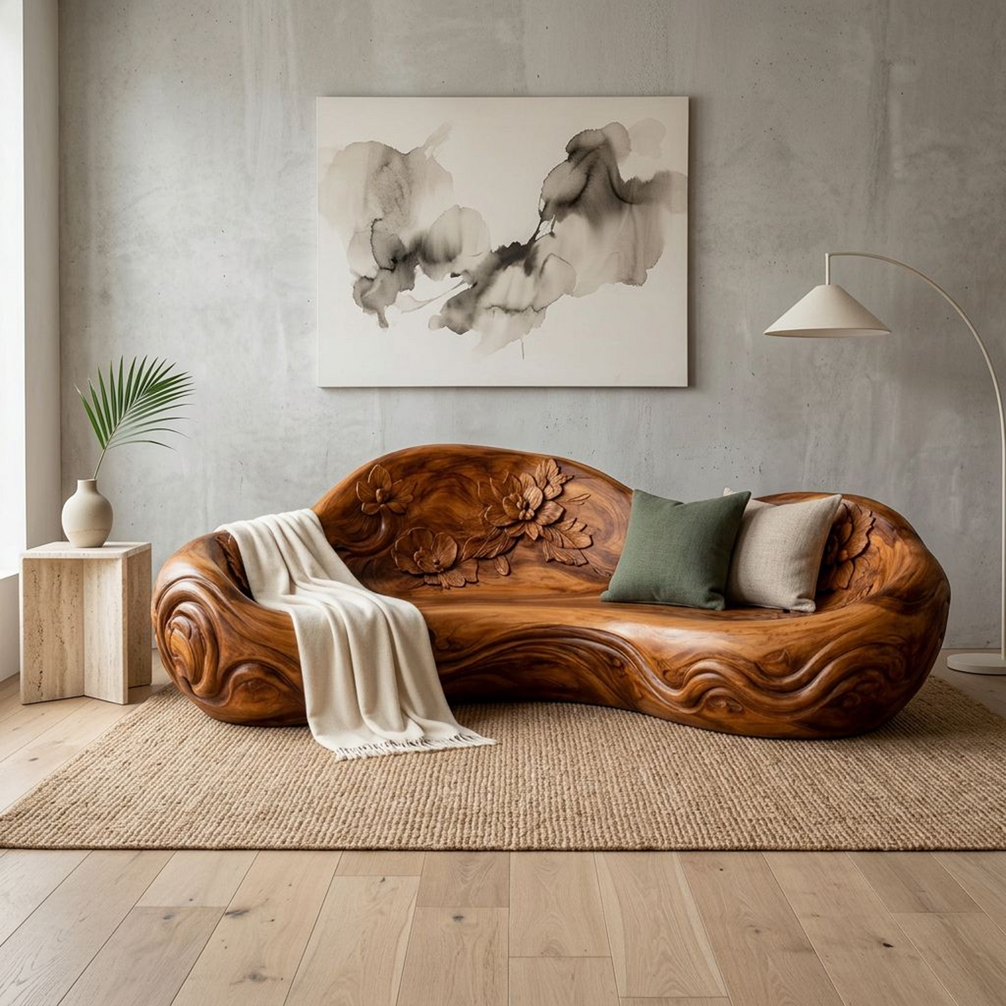 Hand-Carved Solid Wood Sculptural Sofa – Organic Free-Form Floral Relief Lounge Seat