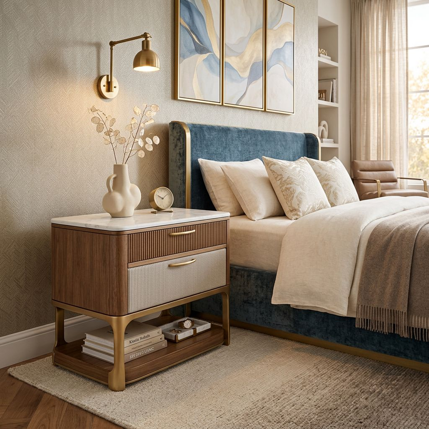Marble Top Walnut Nightstand – Fluted Wood &amp; Fabric Drawer Brass Frame Bedside Table