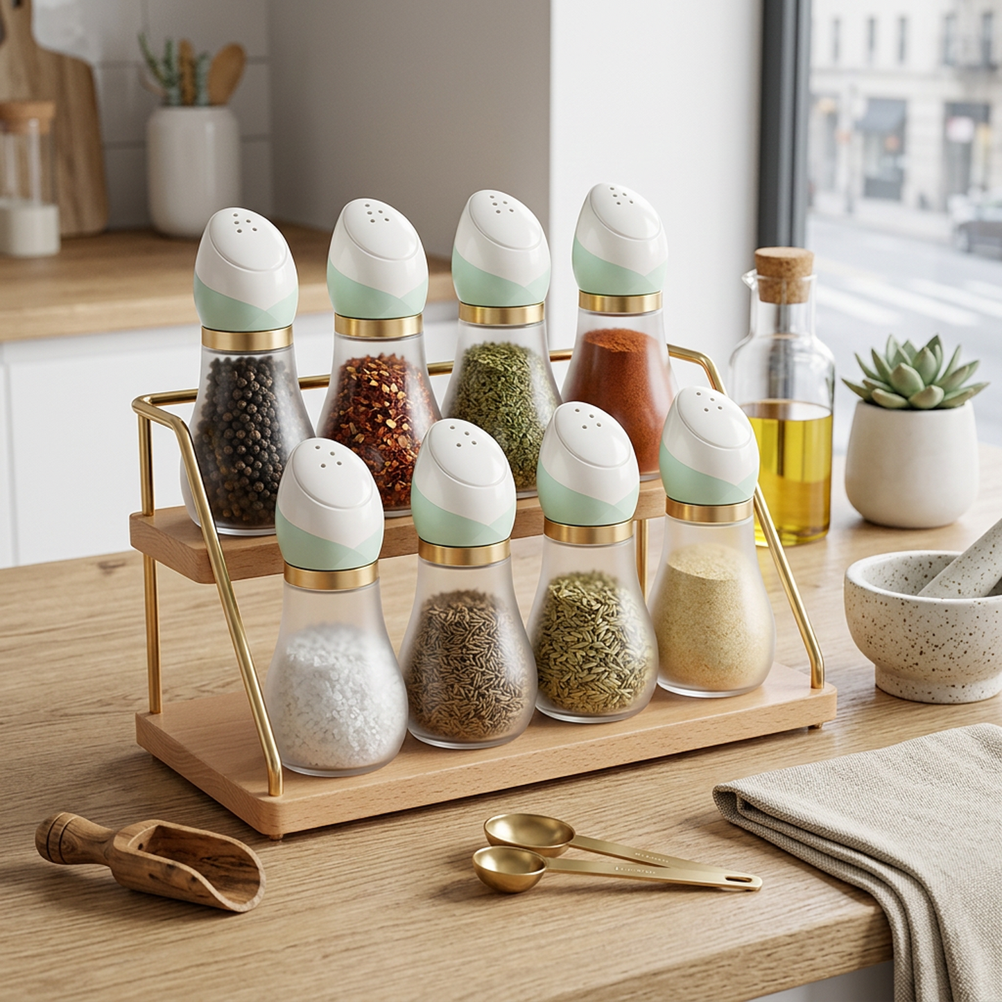 Elegant Frosted Glass Salt Shaker – Mint &amp; White Ceramic Cap with Brushed Gold Band