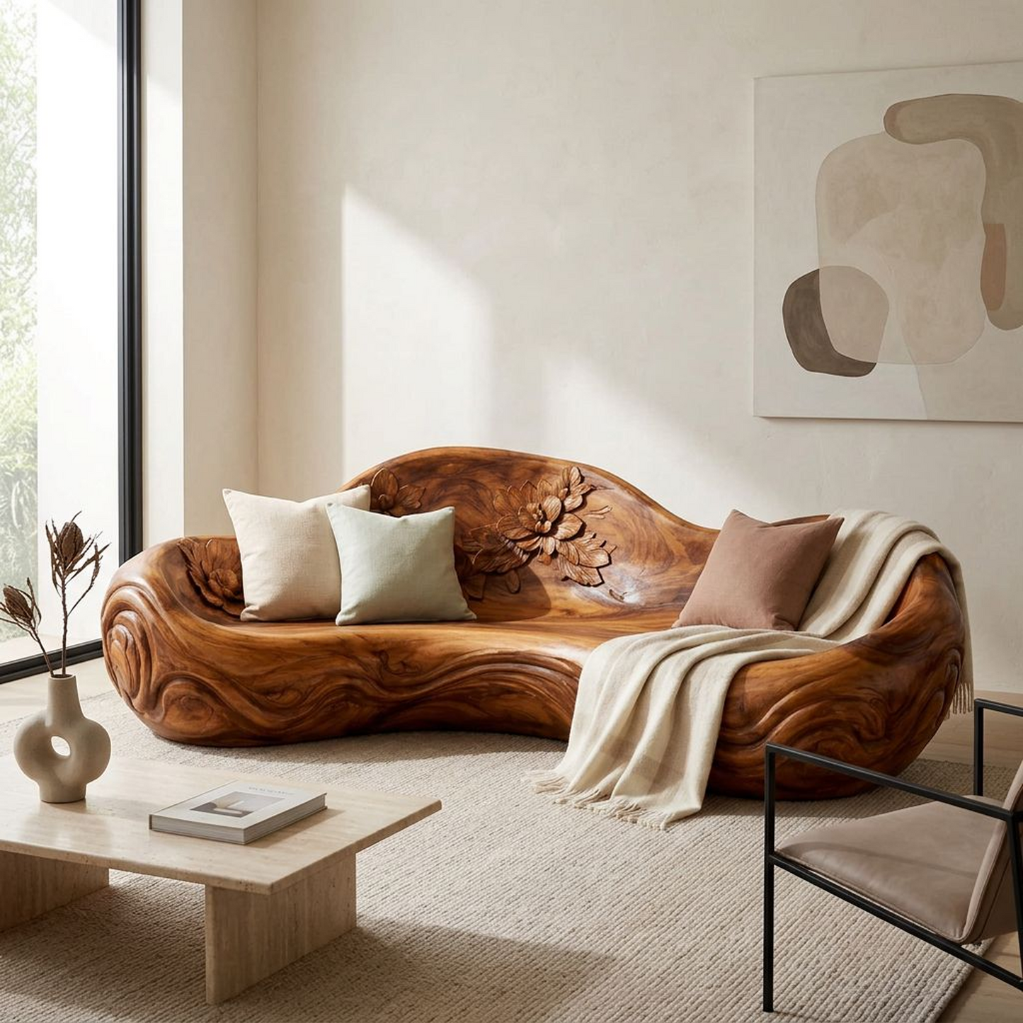 Hand-Carved Solid Wood Sculptural Sofa – Organic Free-Form Floral Relief Lounge Seat