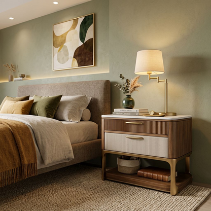 Marble Top Walnut Nightstand – Fluted Wood &amp; Fabric Drawer Brass Frame Bedside Table