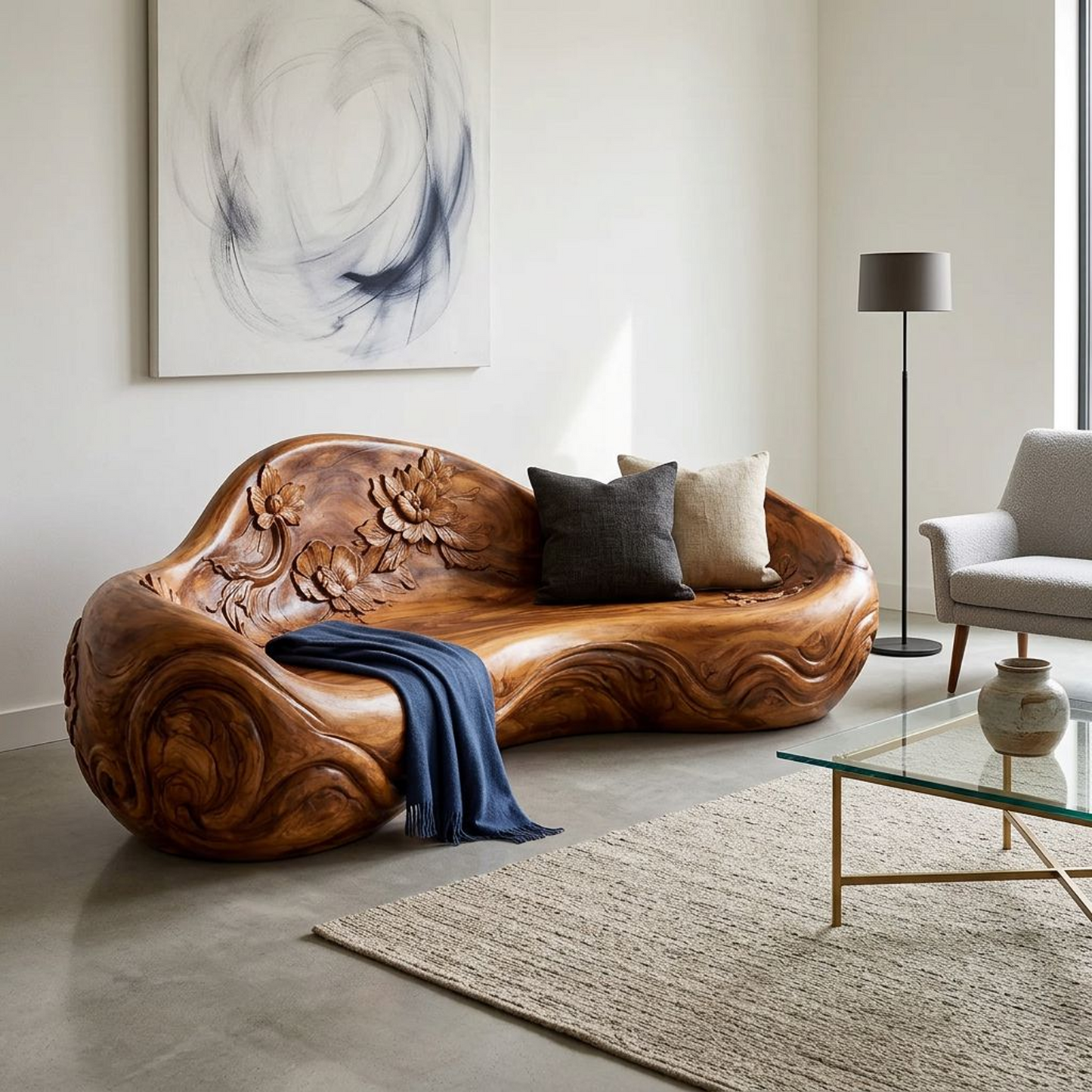 Hand-Carved Solid Wood Sculptural Sofa – Organic Free-Form Floral Relief Lounge Seat