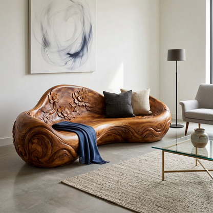 Hand-Carved Solid Wood Sculptural Sofa – Organic Free-Form Floral Relief Lounge Seat