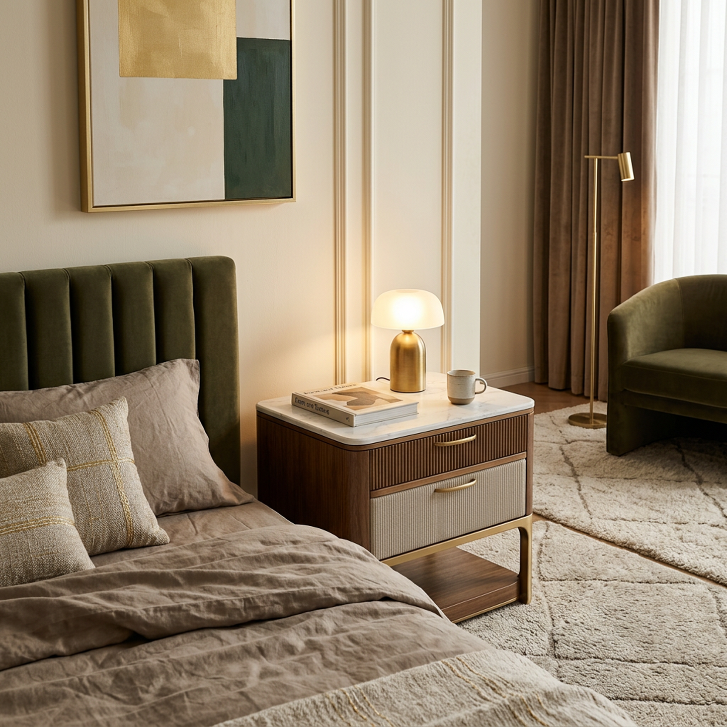 Marble Top Walnut Nightstand – Fluted Wood &amp; Fabric Drawer Brass Frame Bedside Table