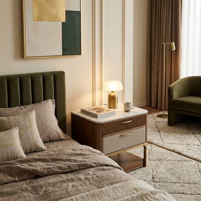 Marble Top Walnut Nightstand – Fluted Wood &amp; Fabric Drawer Brass Frame Bedside Table