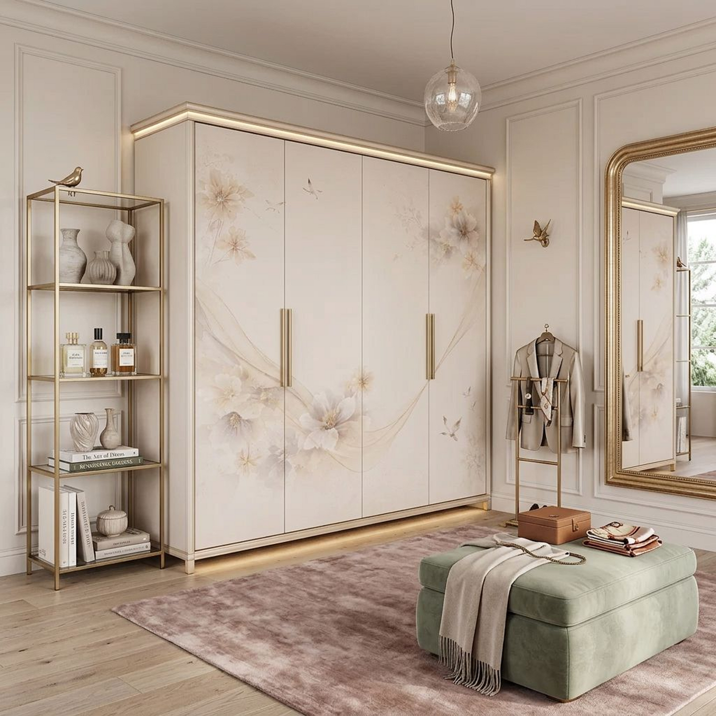 Elegant Hand-Painted Floral Wardrobe – 4-Door Cream &amp; Gold Armoire with Butterfly &amp; Blossom Art