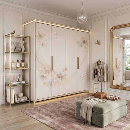 Elegant Hand-Painted Floral Wardrobe – 4-Door Cream &amp; Gold Armoire with Butterfly &amp; Blossom Art