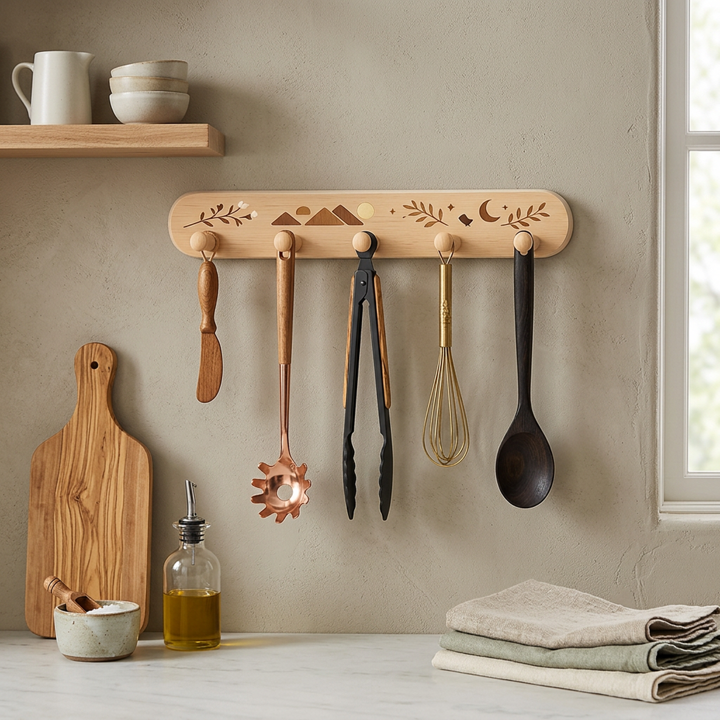 Natural Beechwood Wall Hook Rack – Mountain, Moon &amp; Botanical Inlay Design with 5 Round Pegs