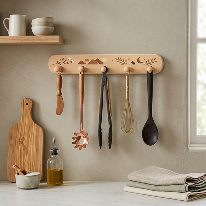 Natural Beechwood Wall Hook Rack – Mountain, Moon &amp; Botanical Inlay Design with 5 Round Pegs