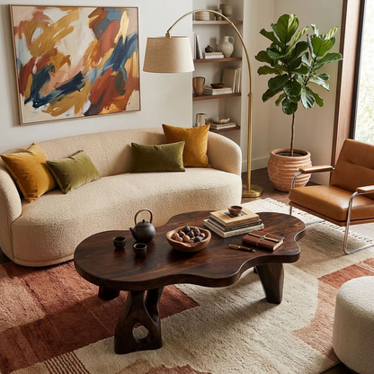 Organic Free-Form Solid Wood Coffee Table – Sculptural Live-Edge Dark Walnut Low Table