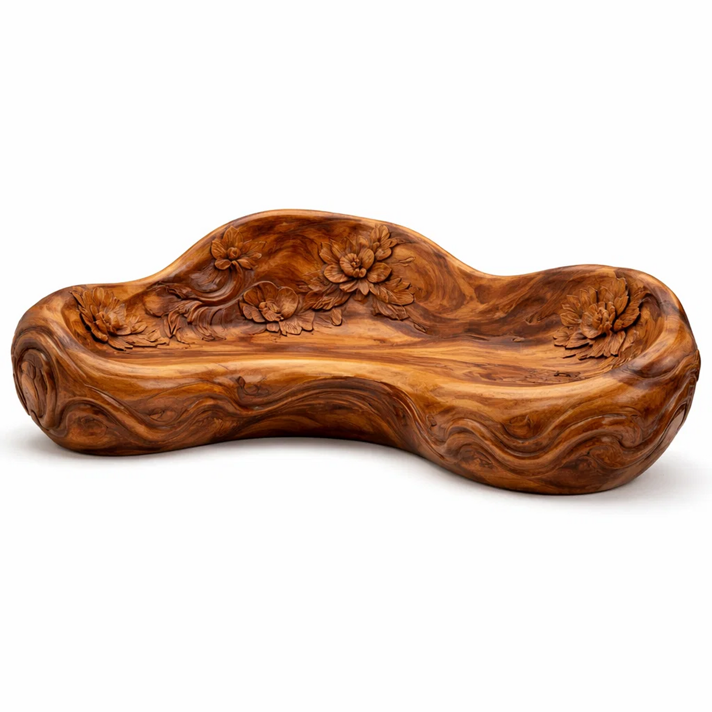 Hand-Carved Solid Wood Sculptural Sofa – Organic Free-Form Floral Relief Lounge Seat
