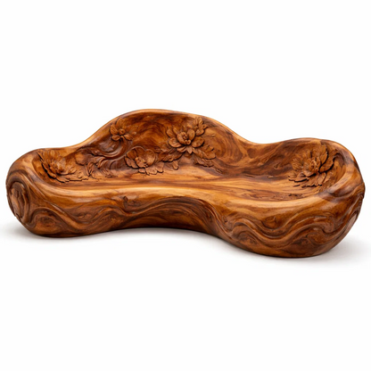 Hand-Carved Solid Wood Sculptural Sofa – Organic Free-Form Floral Relief Lounge Seat