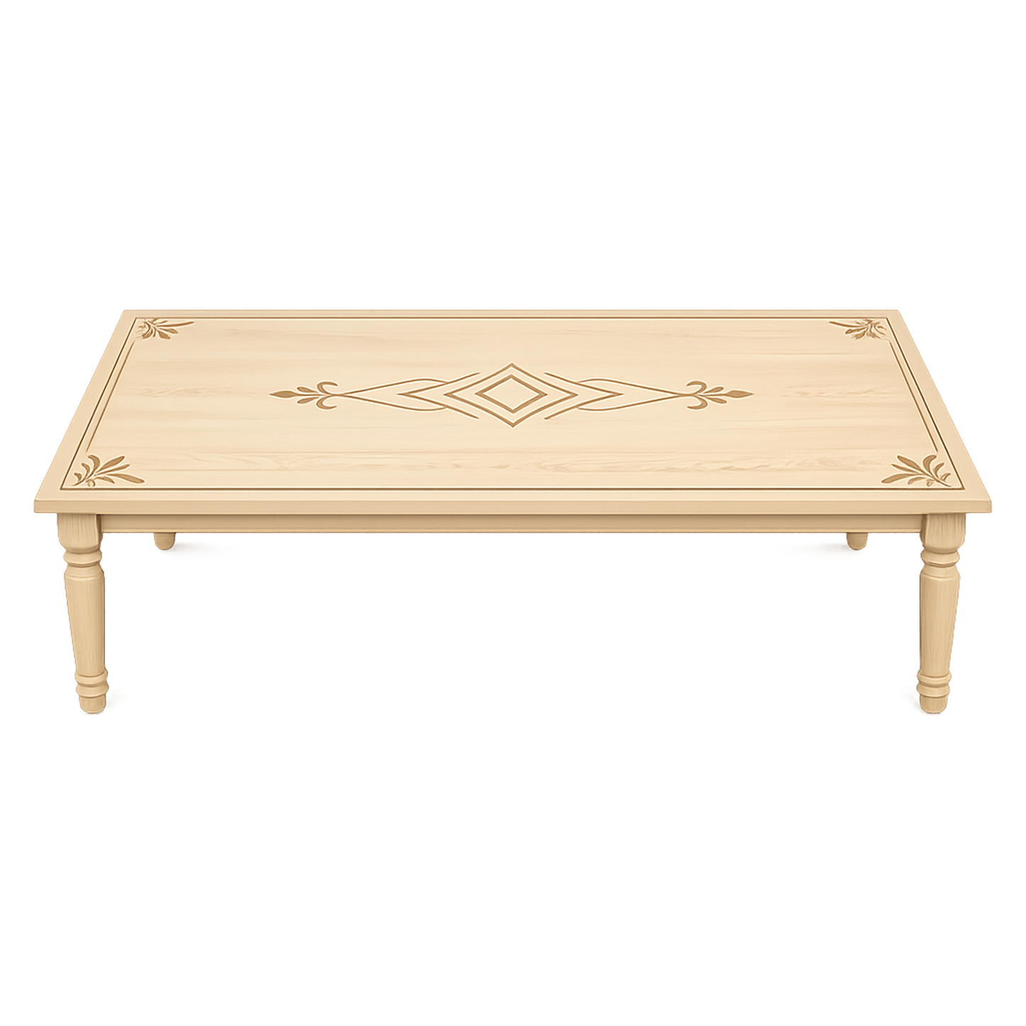 Classic Inlaid Natural Wood Coffee Table – Rectangular Low Table with Turned Legs &amp; Decorative Marquetry