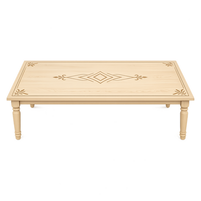 Classic Inlaid Natural Wood Coffee Table – Rectangular Low Table with Turned Legs &amp; Decorative Marquetry
