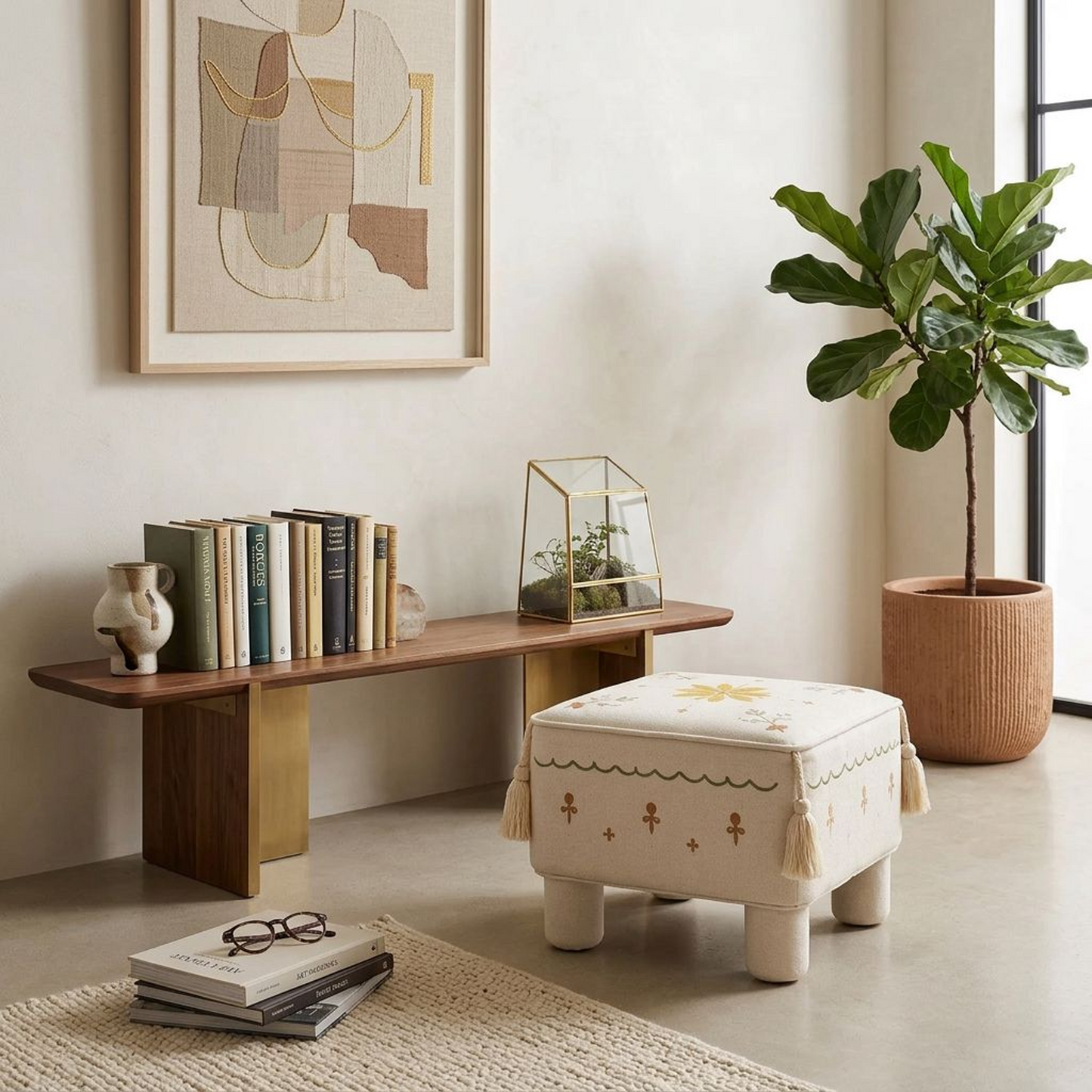 Floral Embroidered Fabric Ottoman – Tassel Corner Accent Footstool