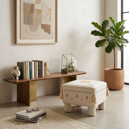 Floral Embroidered Fabric Ottoman – Tassel Corner Accent Footstool