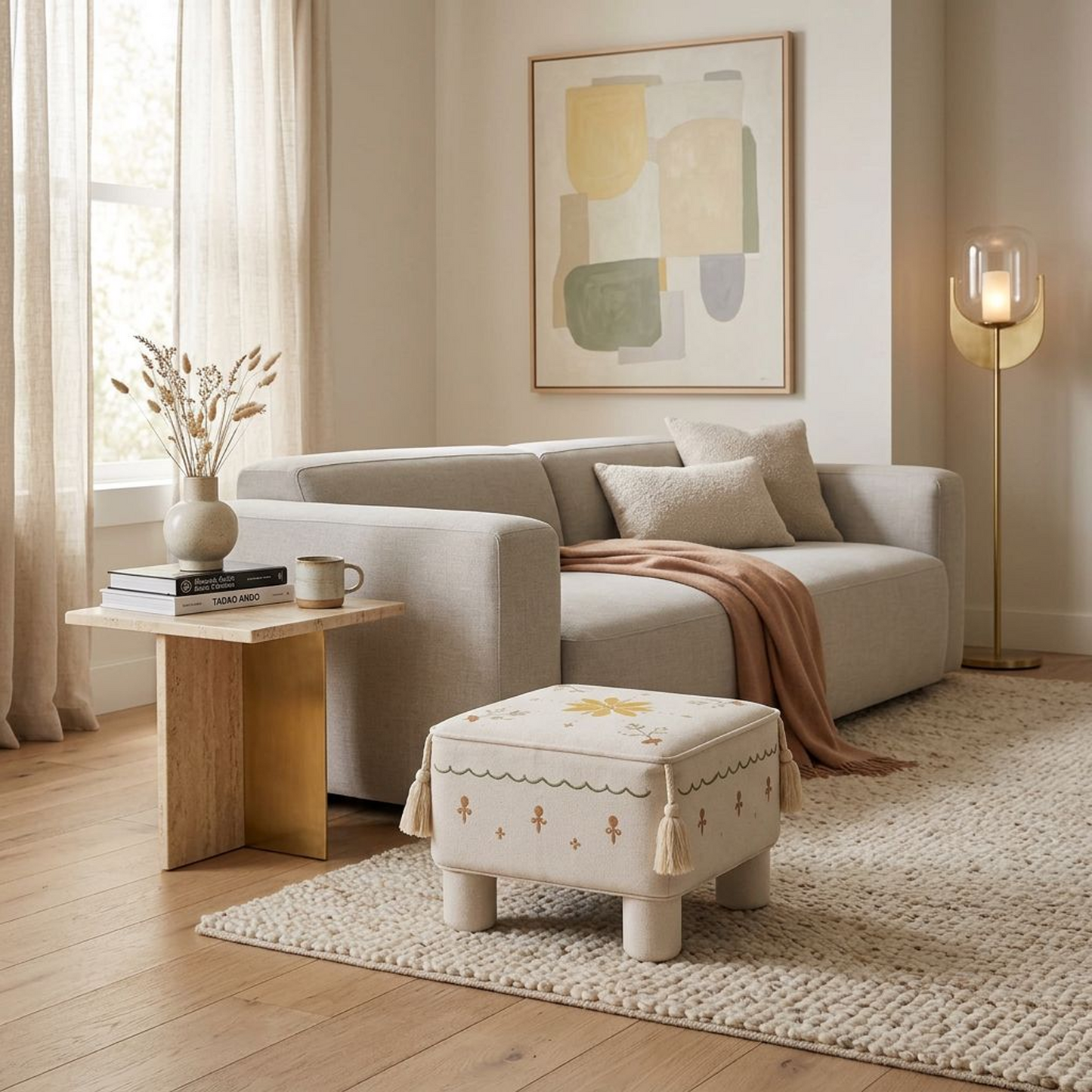 Floral Embroidered Fabric Ottoman – Tassel Corner Accent Footstool