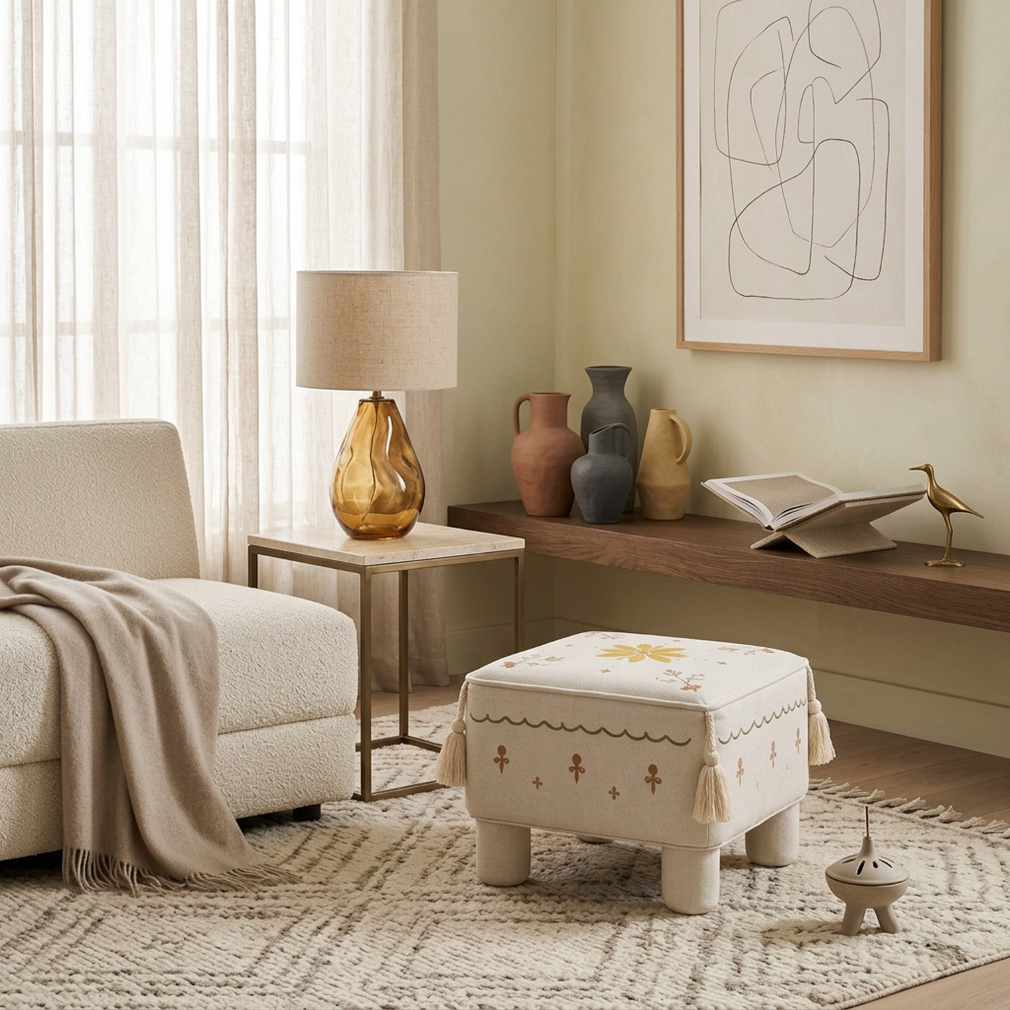 Floral Embroidered Fabric Ottoman – Tassel Corner Accent Footstool