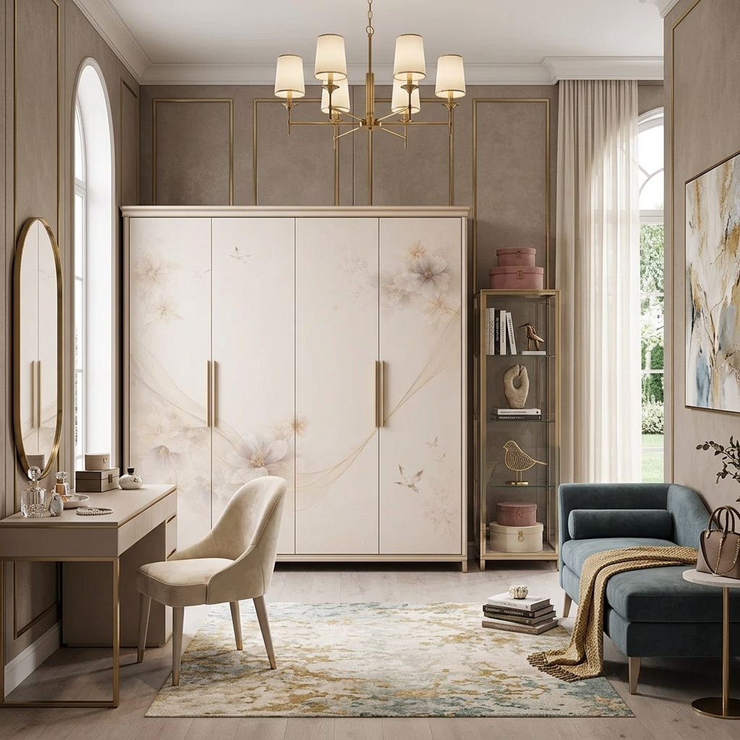 Elegant Hand-Painted Floral Wardrobe – 4-Door Cream &amp; Gold Armoire with Butterfly &amp; Blossom Art