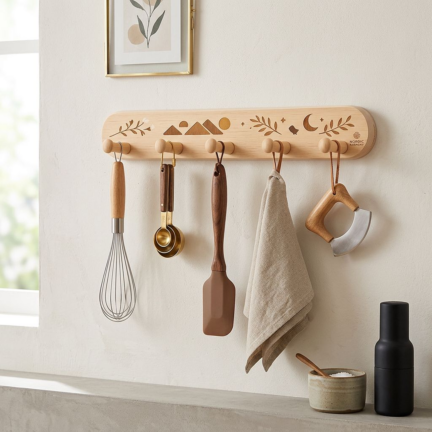 Natural Beechwood Wall Hook Rack – Mountain, Moon &amp; Botanical Inlay Design with 5 Round Pegs