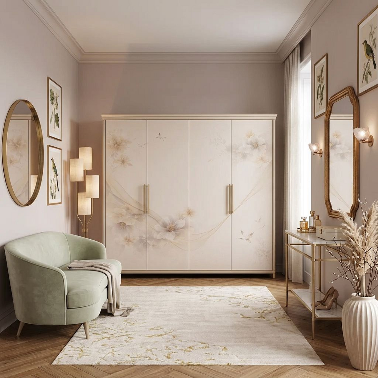 Elegant Hand-Painted Floral Wardrobe – 4-Door Cream &amp; Gold Armoire with Butterfly &amp; Blossom Art