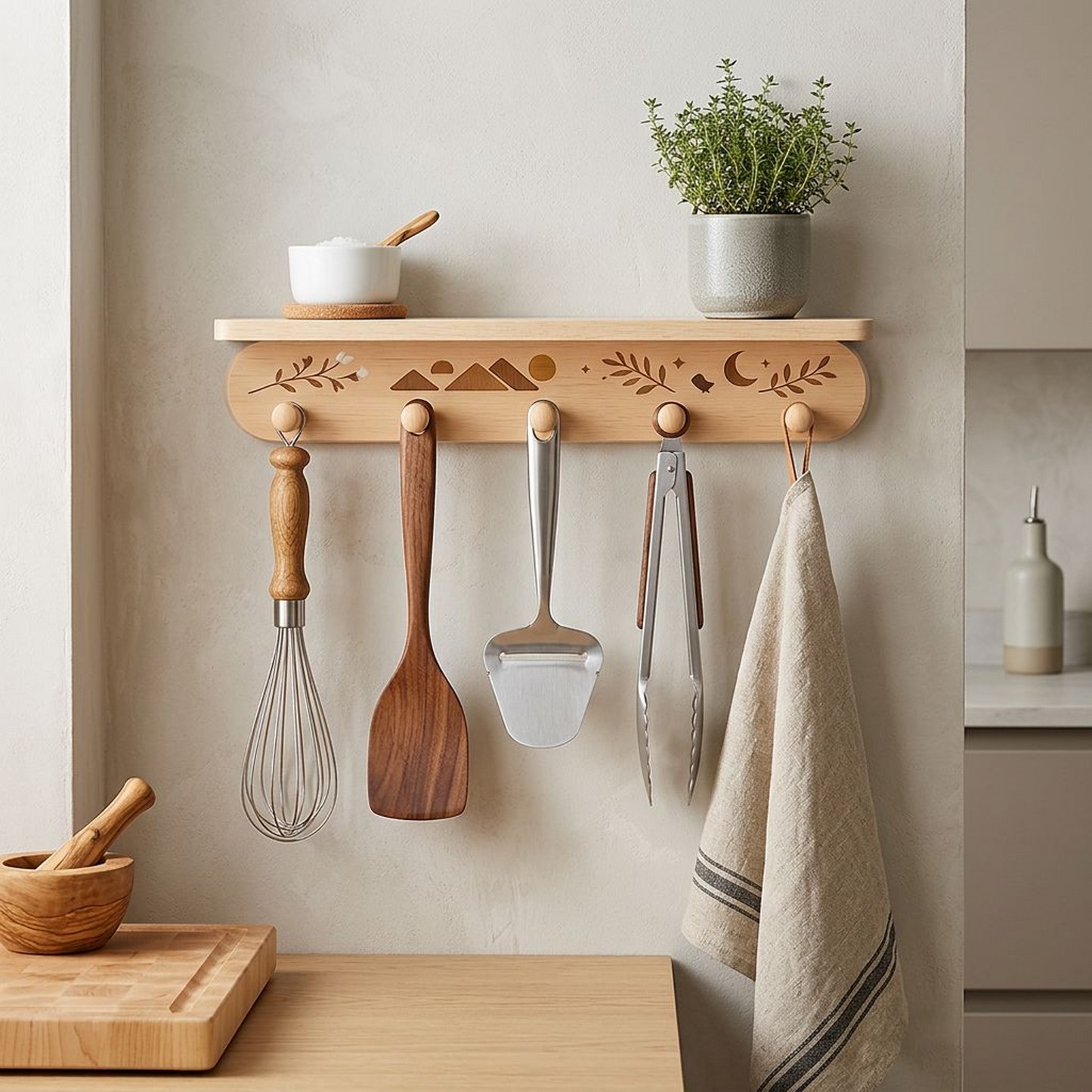 Natural Beechwood Wall Hook Rack – Mountain, Moon &amp; Botanical Inlay Design with 5 Round Pegs