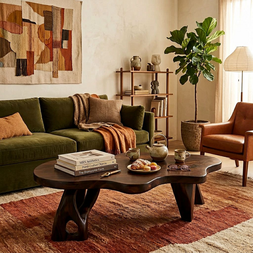Organic Free-Form Solid Wood Coffee Table – Sculptural Live-Edge Dark Walnut Low Table