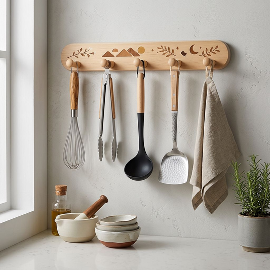 Natural Beechwood Wall Hook Rack – Mountain, Moon &amp; Botanical Inlay Design with 5 Round Pegs
