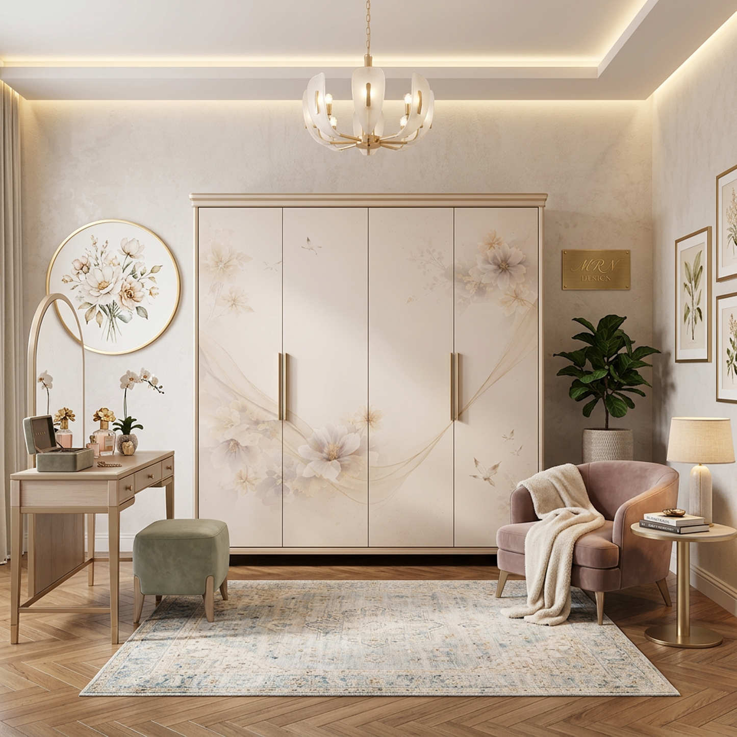 Elegant Hand-Painted Floral Wardrobe – 4-Door Cream &amp; Gold Armoire with Butterfly &amp; Blossom Art