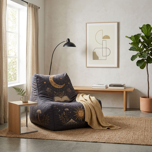 Celestial Illustrated Bean Bag Lounger – Mystical Moon, Sun &amp; Botanical Print Chair