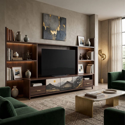 Ink-Wash Mountain Landscape TV Console – Dark Walnut Media Cabinet with Hand-Painted Scenic Drawer Fronts &amp; Gold Accents