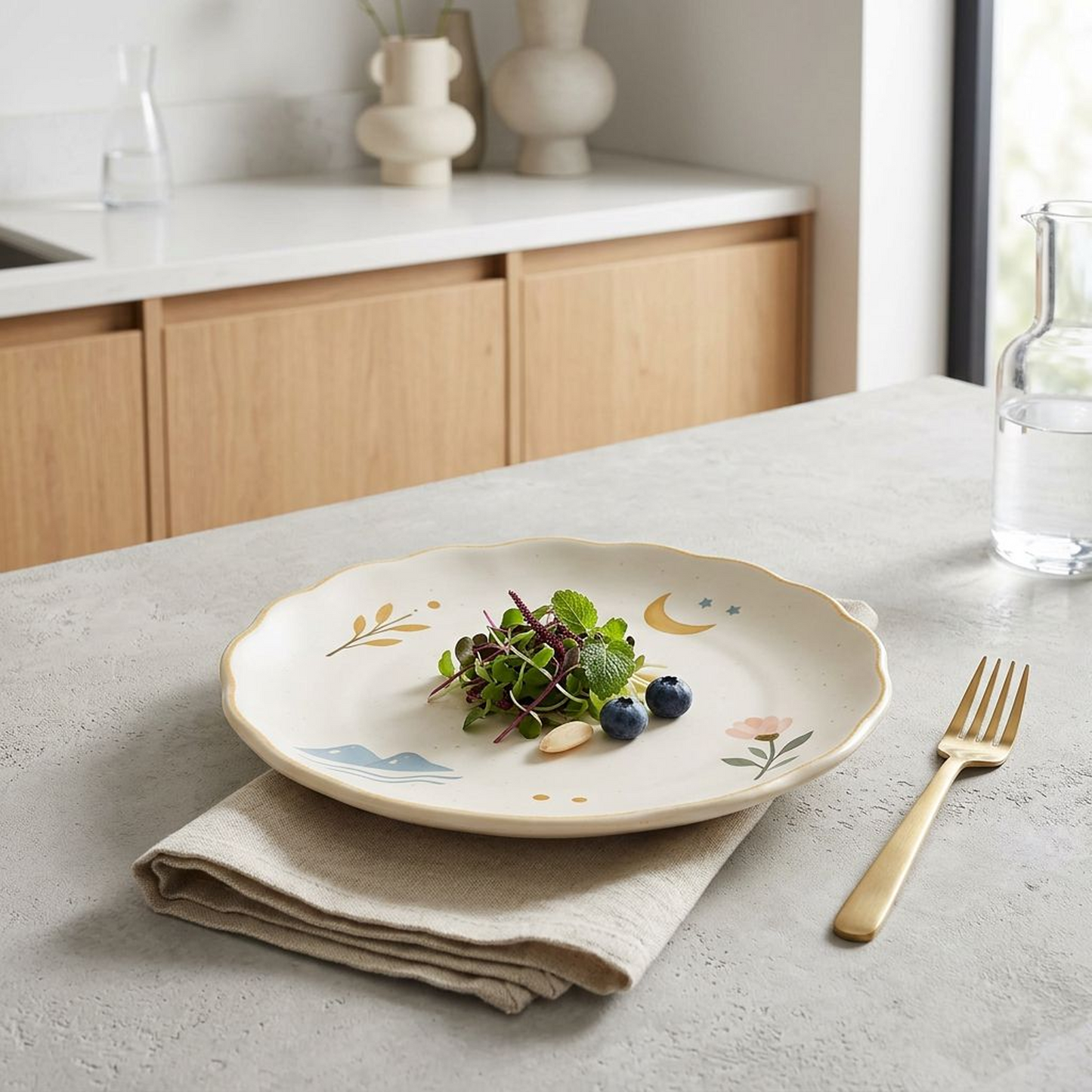 Dreamy Nature-Illustrated Scalloped Ceramic Plate – Crescent Moon, Mountain, Blossom &amp; Leaf Motifs with Gold Scalloped Rim