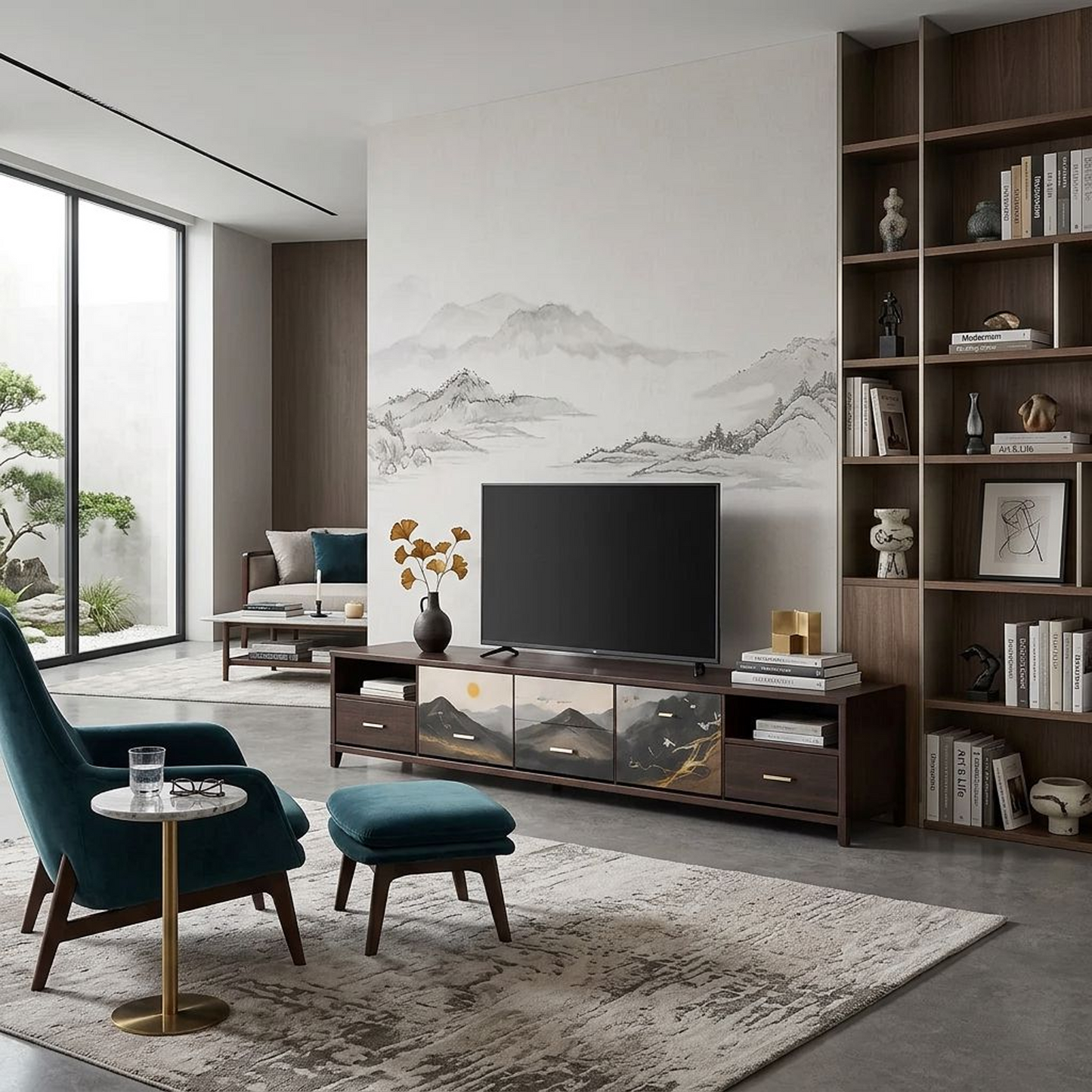 Ink-Wash Mountain Landscape TV Console – Dark Walnut Media Cabinet with Hand-Painted Scenic Drawer Fronts &amp; Gold Accents