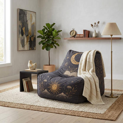 Celestial Illustrated Bean Bag Lounger – Mystical Moon, Sun &amp; Botanical Print Chair