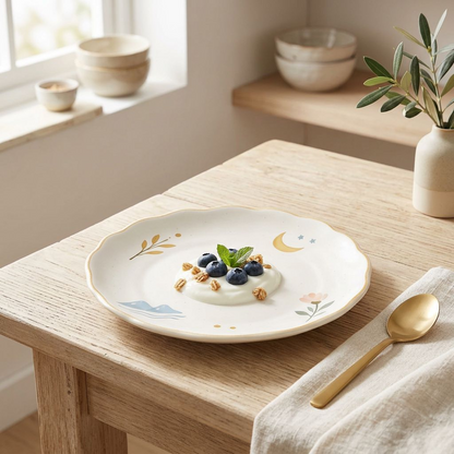 Dreamy Nature-Illustrated Scalloped Ceramic Plate – Crescent Moon, Mountain, Blossom &amp; Leaf Motifs with Gold Scalloped Rim