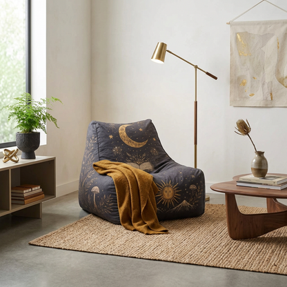 Celestial Illustrated Bean Bag Lounger – Mystical Moon, Sun &amp; Botanical Print Chair