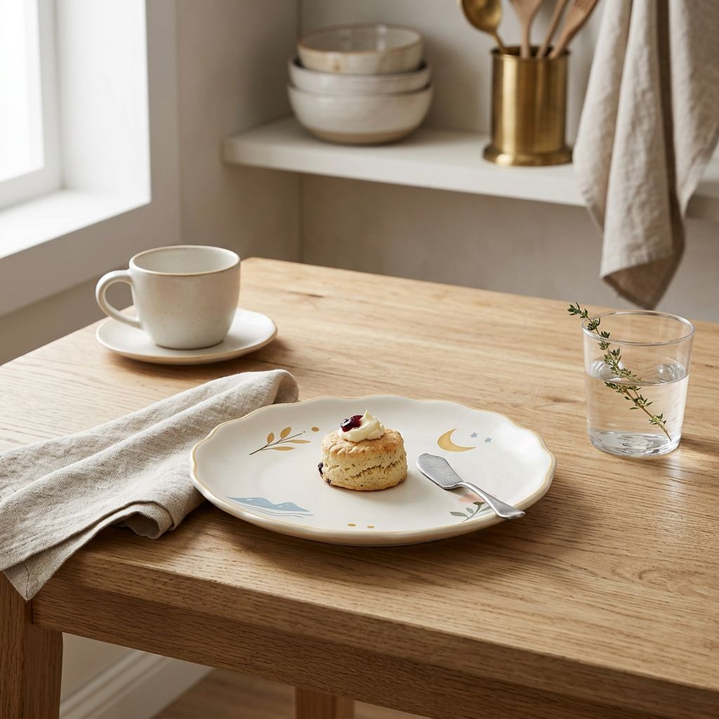 Dreamy Nature-Illustrated Scalloped Ceramic Plate – Crescent Moon, Mountain, Blossom &amp; Leaf Motifs with Gold Scalloped Rim