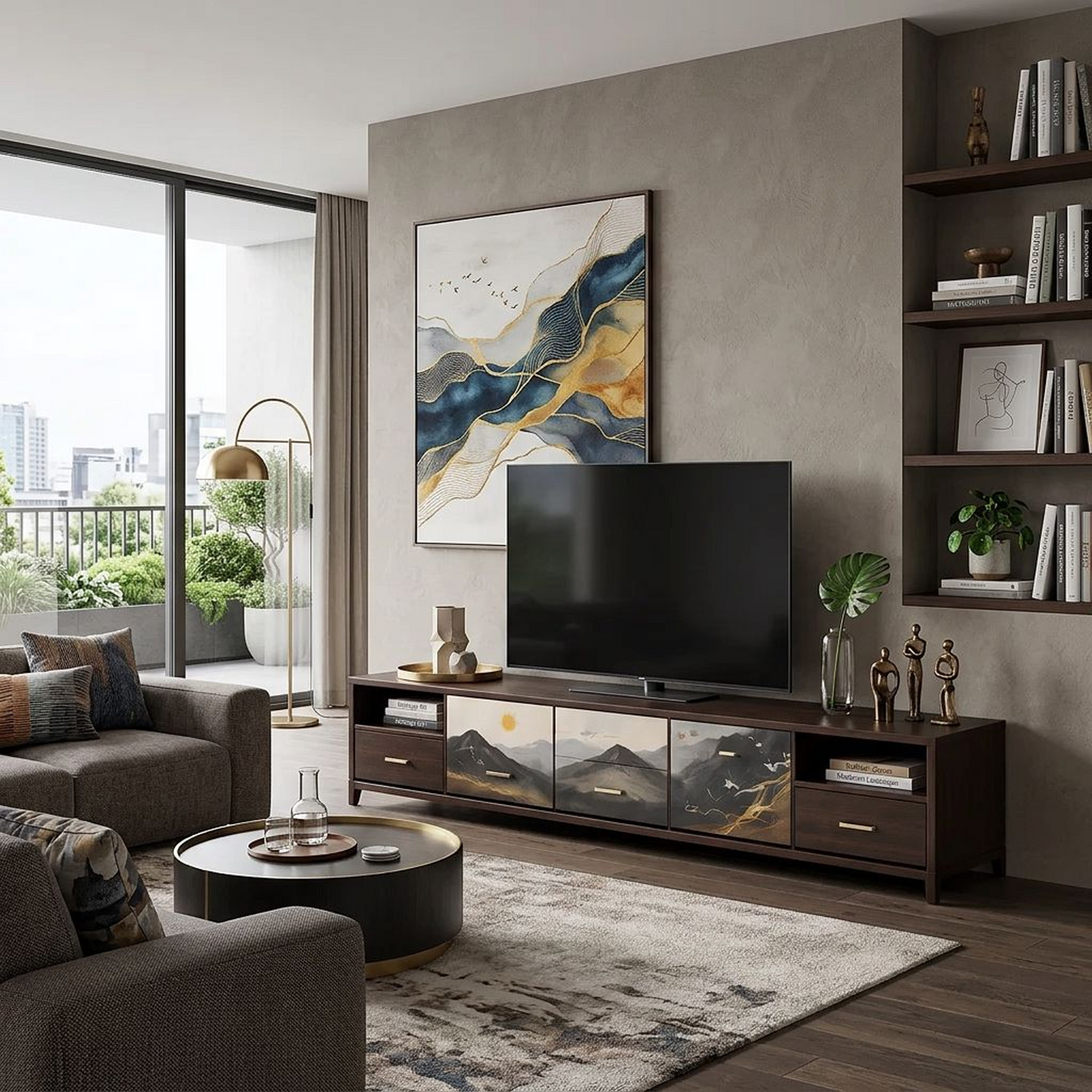 Ink-Wash Mountain Landscape TV Console – Dark Walnut Media Cabinet with Hand-Painted Scenic Drawer Fronts &amp; Gold Accents