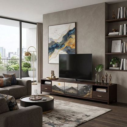Ink-Wash Mountain Landscape TV Console – Dark Walnut Media Cabinet with Hand-Painted Scenic Drawer Fronts &amp; Gold Accents