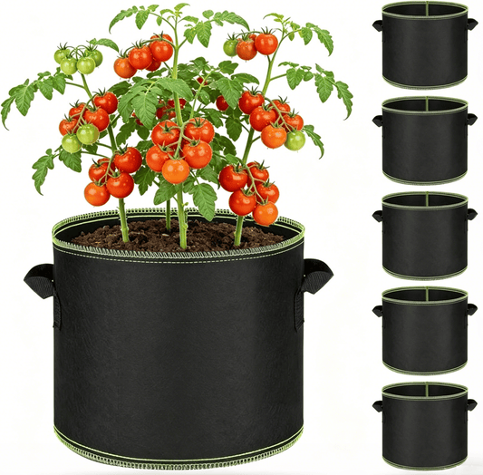 🌱 5-Pack 5 Gallon Grow Bags – Heavy Duty Aeration Fabric Pots with Handles for Vegetables. Flowers & Fruits 🪴