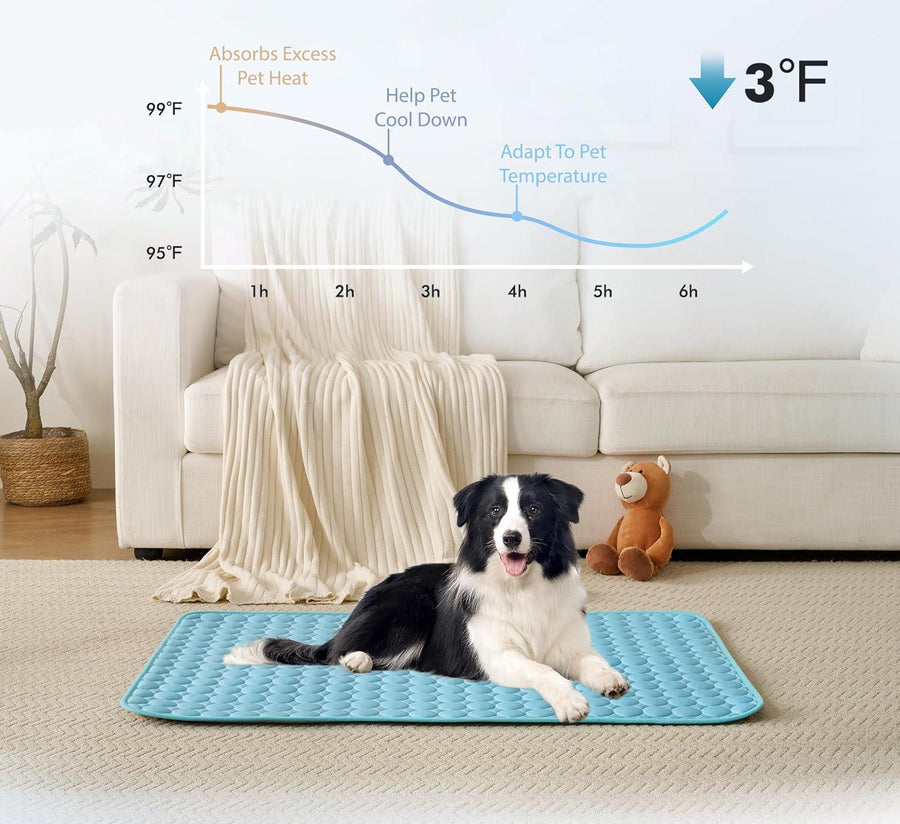 Blue dog cooling mat helps pet cool down