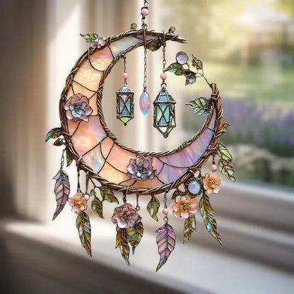🌙Hand-Painted Moon and Floral Window Decor💖