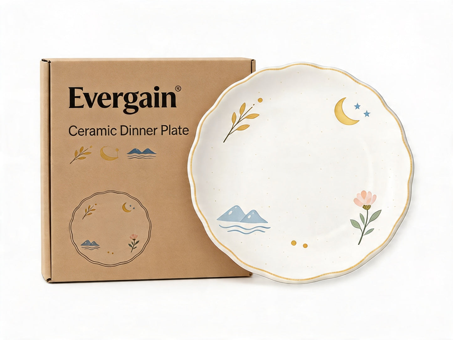 Dreamy Nature-Illustrated Scalloped Ceramic Plate – Crescent Moon, Mountain, Blossom &amp; Leaf Motifs with Gold Scalloped Rim
