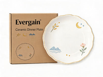 Dreamy Nature-Illustrated Scalloped Ceramic Plate – Crescent Moon, Mountain, Blossom &amp; Leaf Motifs with Gold Scalloped Rim